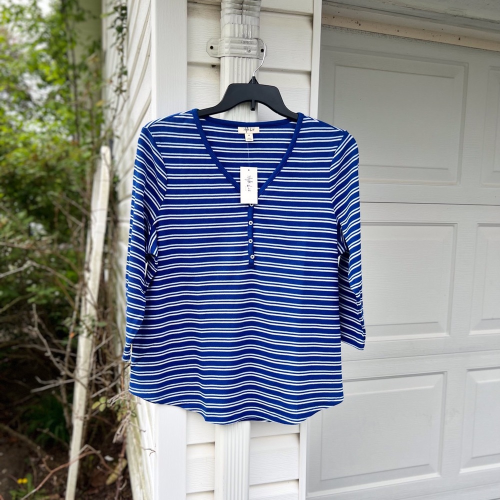 NWT Style & Co. Pretty Royal Blue White Striped 3/4 Sleeve Henley